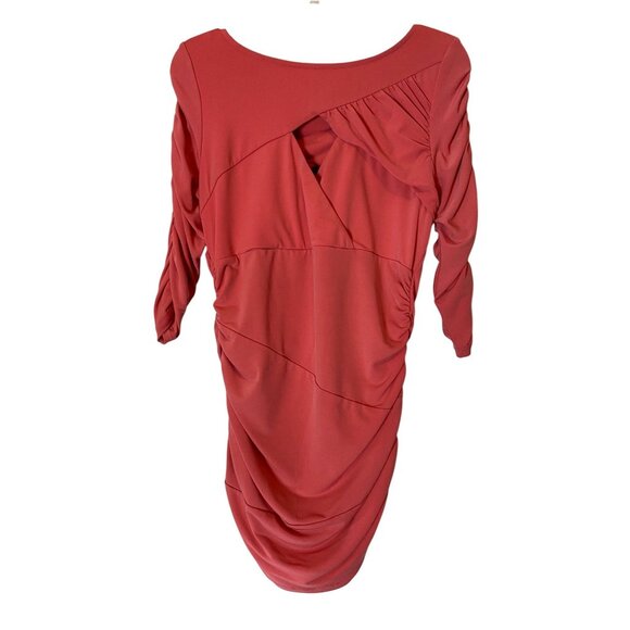 Guess Asymmetrical Ruched Dress Bodycon Wrapped Keyhole Detail Coral Small - Picture 3 of 12